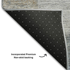 HomeRoots 8' Taupe and Blue Geometric Round Rug - Washable, UV-Protected, Perfect for High-Traffic Areas! 656546