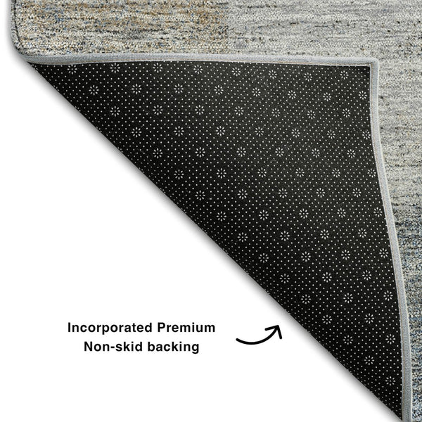 HomeRoots 8' Taupe and Blue Geometric Round Rug - Washable, UV-Protected, Perfect for High-Traffic Areas! 656546