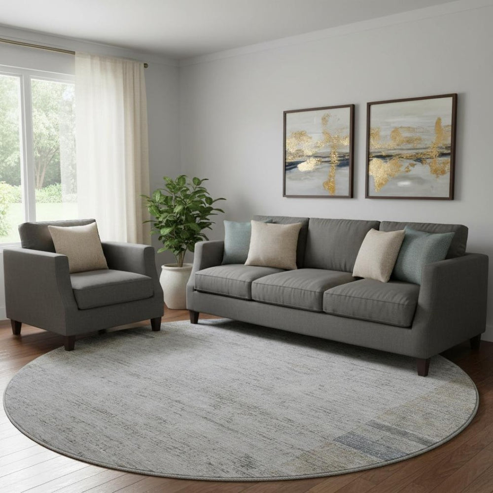 HomeRoots 8' Taupe and Blue Geometric Round Rug - Washable, UV-Protected, Perfect for High-Traffic Areas! 656546