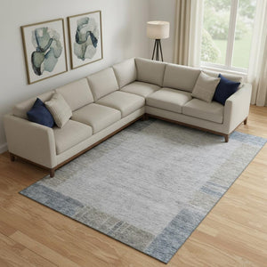 HomeRoots 8' X 10' Stylish Taupe and Blue Geometric Area Rug – Washable, UV Protected, Stain Resistant Design 656547