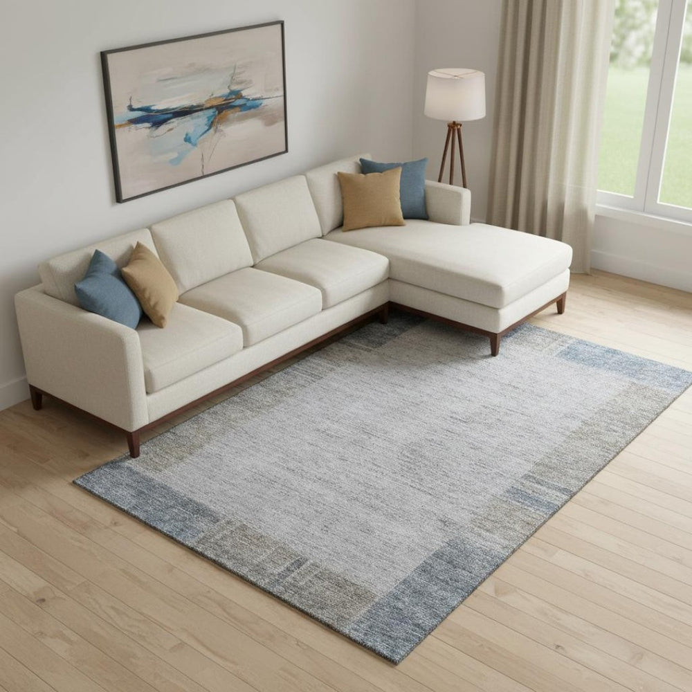 HomeRoots 10' X 14' Taupe and Blue Geometric Area Rug - Washable, UV-Protected, Durable for Busy Homes! 656549