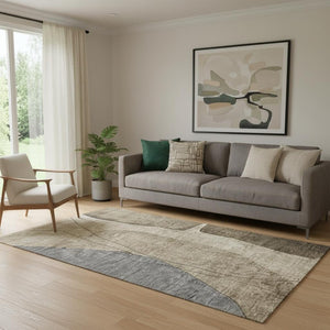 HomeRoots 5' X 8' Abstract Area Rug in Brown, Beige & Blue - Washable, UV Protected, Stain Resistant Design 656551