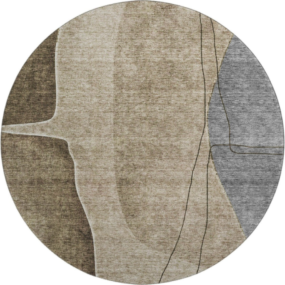 HomeRoots 8' Modern Abstract Brown, Beige & Blue Round Rug - Washable, UV Protected & Stain-Resistant Design! 656552