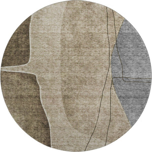 HomeRoots 8' Modern Abstract Brown, Beige & Blue Round Rug - Washable, UV Protected & Stain-Resistant Design! 656552