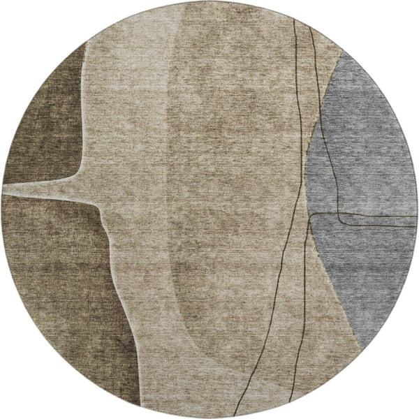 HomeRoots 8' Modern Abstract Brown, Beige & Blue Round Rug - Washable, UV Protected & Stain-Resistant Design! 656552