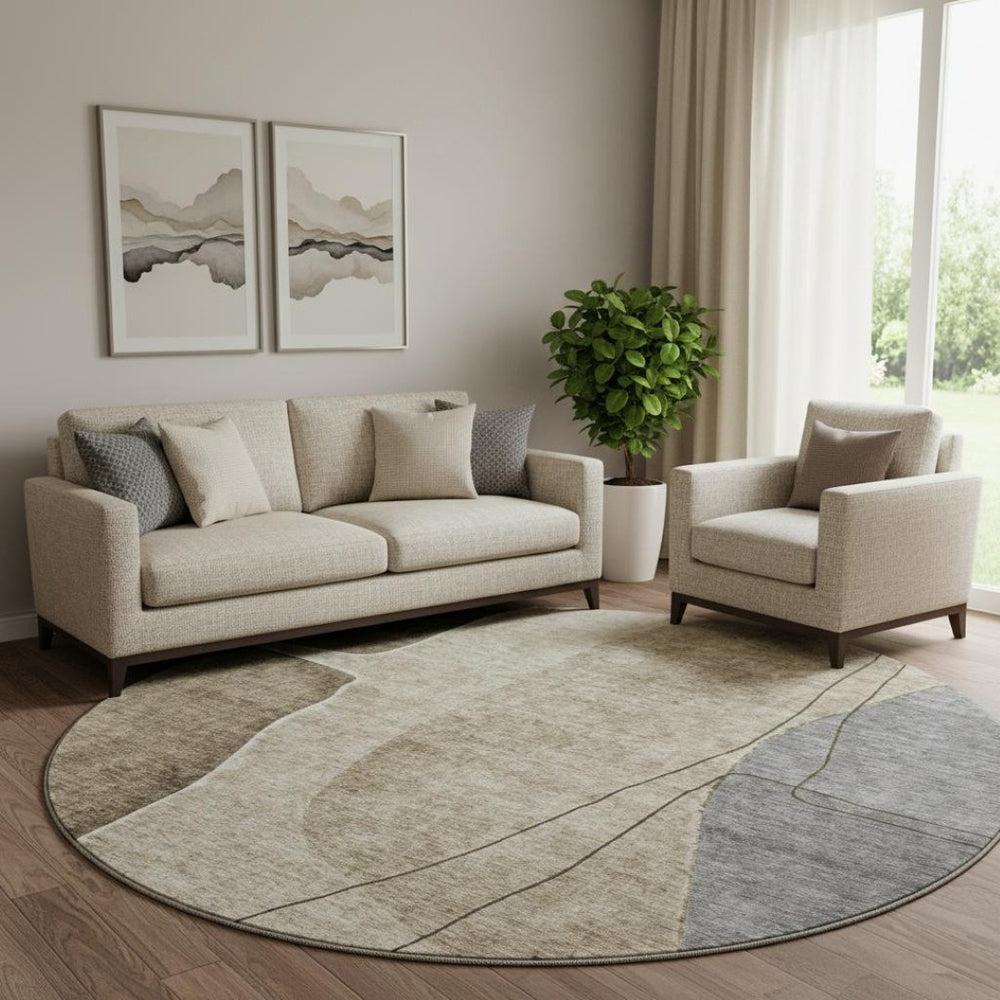 HomeRoots 8' Modern Abstract Brown, Beige & Blue Round Rug - Washable, UV Protected & Stain-Resistant Design! 656552
