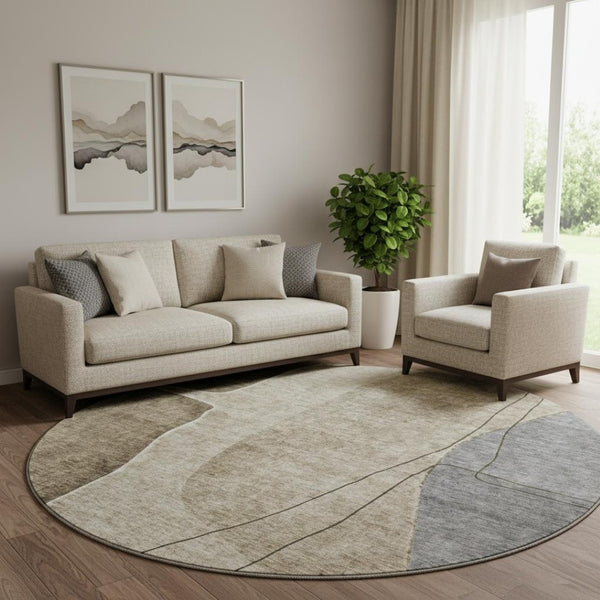 HomeRoots 8' Modern Abstract Brown, Beige & Blue Round Rug - Washable, UV Protected & Stain-Resistant Design! 656552