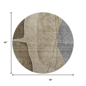 HomeRoots 8' Modern Abstract Brown, Beige & Blue Round Rug - Washable, UV Protected & Stain-Resistant Design! 656552