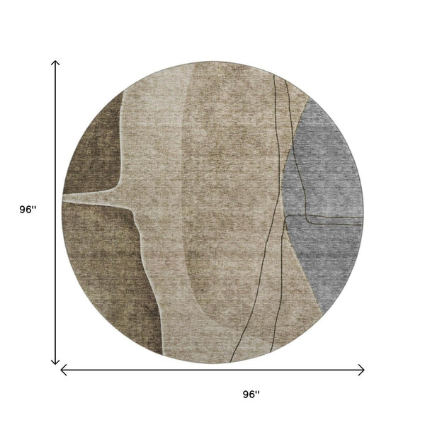 HomeRoots 8' Modern Abstract Brown, Beige & Blue Round Rug - Washable, UV Protected & Stain-Resistant Design! 656552