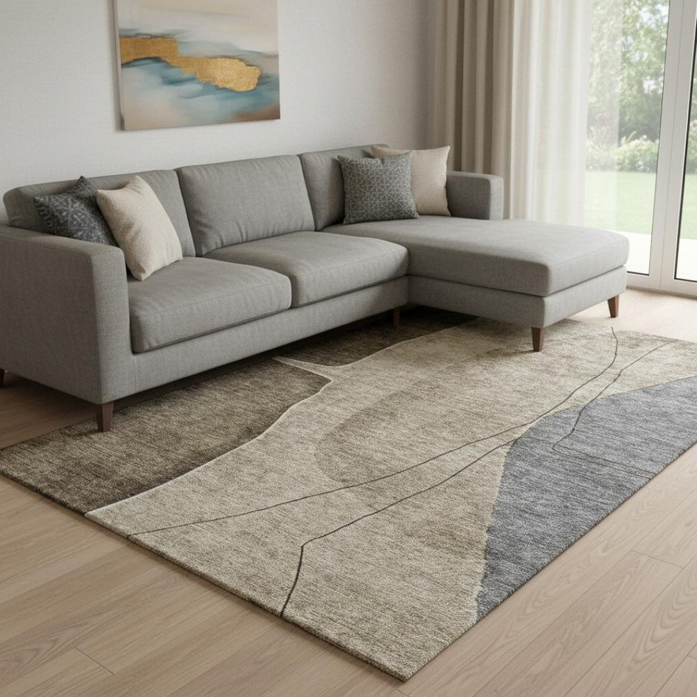 HomeRoots 8' X 10' Washable Brown Beige & Blue Abstract Area Rug - UV Protected, Durable & Family-Friendly Design 656553