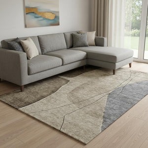 HomeRoots 8' X 10' Washable Brown Beige & Blue Abstract Area Rug - UV Protected, Durable & Family-Friendly Design 656553