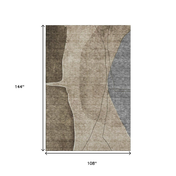 HomeRoots 9' X 12' Washable Abstract Area Rug in Brown, Beige & Blue - UV Protected, Stain Resistant, Durable 656554