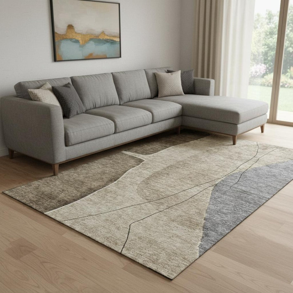 HomeRoots 9' X 12' Washable Abstract Area Rug in Brown, Beige & Blue - UV Protected, Stain Resistant, Durable 656554
