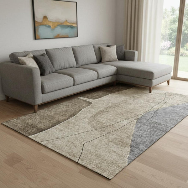 HomeRoots 9' X 12' Washable Abstract Area Rug in Brown, Beige & Blue - UV Protected, Stain Resistant, Durable 656554