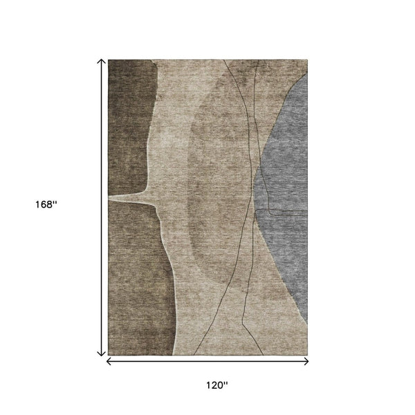 HomeRoots 10' X 14' Abstract Area Rug in Brown, Beige & Blue - Washable, UV-Protected, Durable & Stylish 656555