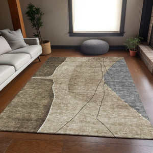 HomeRoots 10' X 14' Abstract Area Rug in Brown, Beige & Blue - Washable, UV-Protected, Durable & Stylish 656555