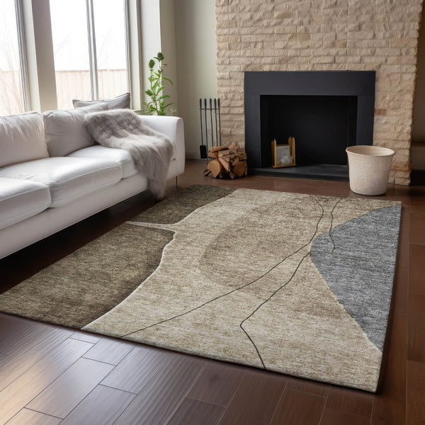 HomeRoots 10' X 14' Abstract Area Rug in Brown, Beige & Blue - Washable, UV-Protected, Durable & Stylish 656555