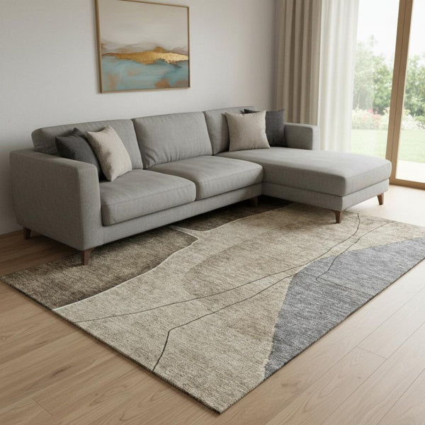 HomeRoots 10' X 14' Abstract Area Rug in Brown, Beige & Blue - Washable, UV-Protected, Durable & Stylish 656555