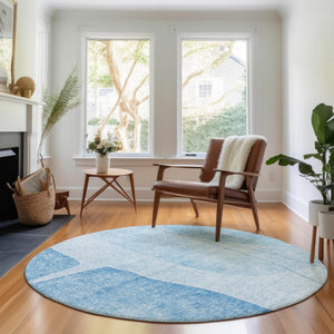 HomeRoots 8' Blue And Ivory Abstract Round Rug - Washable, UV Protected, Durable, Stain-Resistant Design 656558