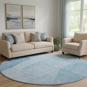 HomeRoots 8' Blue And Ivory Abstract Round Rug - Washable, UV Protected, Durable, Stain-Resistant Design 656558