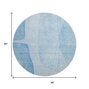 HomeRoots 8' Blue And Ivory Abstract Round Rug - Washable, UV Protected, Durable, Stain-Resistant Design 656558