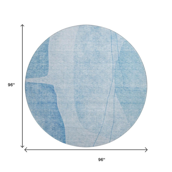 HomeRoots 8' Blue And Ivory Abstract Round Rug - Washable, UV Protected, Durable, Stain-Resistant Design 656558