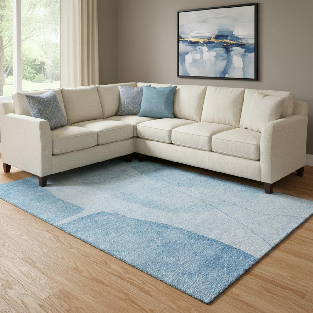HomeRoots 8' X 10' Blue And Ivory Abstract Washable Area Rug - Stylish, Durable, UV-Protected for Modern Homes 656559