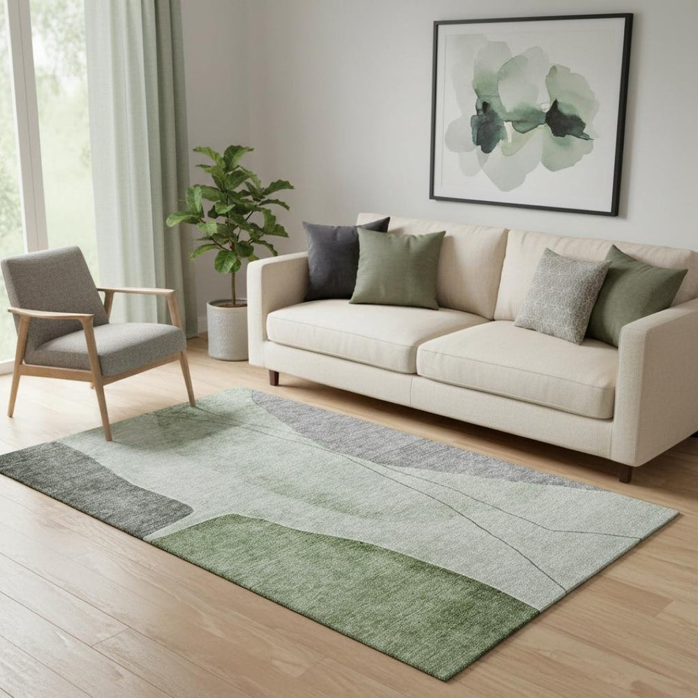HomeRoots 5' X 8' Washable Area Rug in Green Gray Ivory – Modern, Stain-Resistant, UV Protected Design! 656563