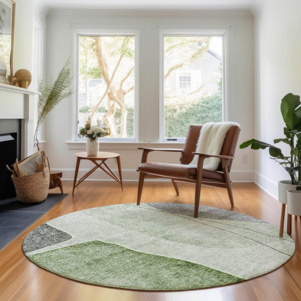 HomeRoots 8' Round Abstract Washable Rug in Green, Gray, Ivory - UV Protected, Durable & Stylish for Any Space 656564