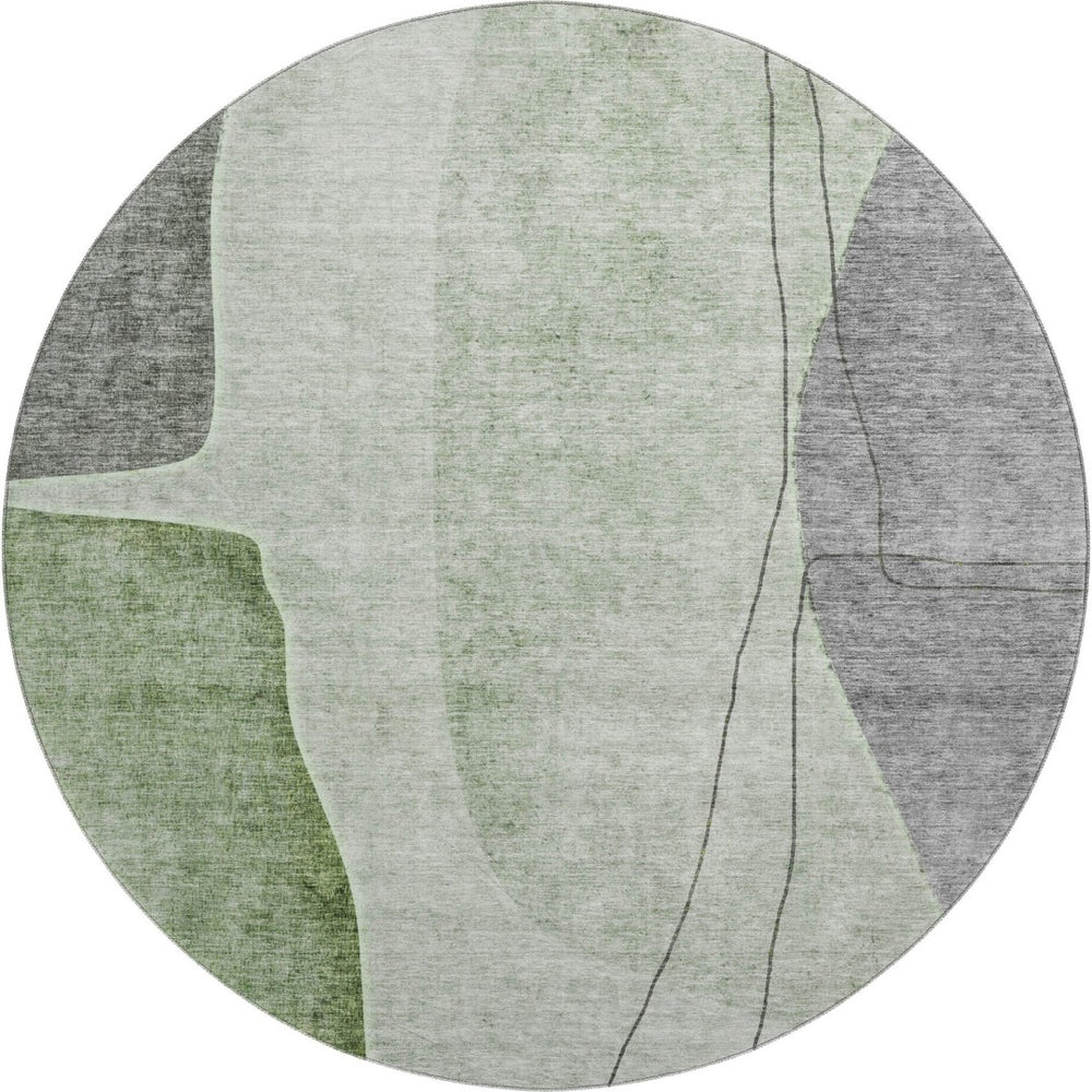 HomeRoots 8' Round Abstract Washable Rug in Green, Gray, Ivory - UV Protected, Durable & Stylish for Any Space 656564