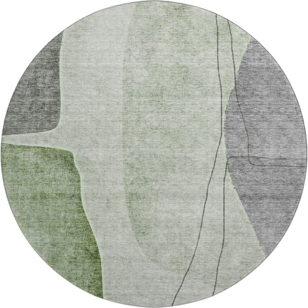 HomeRoots 8' Round Abstract Washable Rug in Green, Gray, Ivory - UV Protected, Durable & Stylish for Any Space 656564