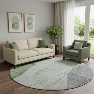 HomeRoots 8' Round Abstract Washable Rug in Green, Gray, Ivory - UV Protected, Durable & Stylish for Any Space 656564