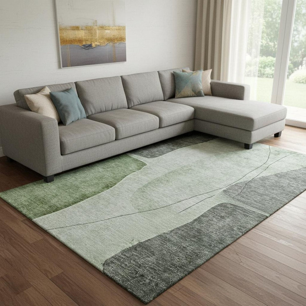 HomeRoots 9' X 12' Washable Abstract Area Rug in Green, Gray & Ivory with UV Protection for Modern Homes 656566