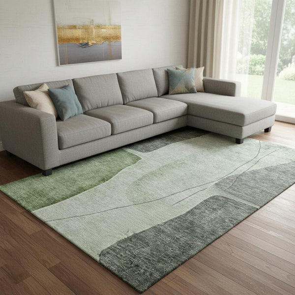 HomeRoots 9' X 12' Washable Abstract Area Rug in Green, Gray & Ivory with UV Protection for Modern Homes 656566