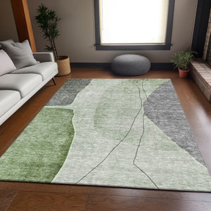 HomeRoots 10' X 14' Stylish Abstract Area Rug in Green, Gray & Ivory - Washable, Stain Resistant & UV Protected! 656567