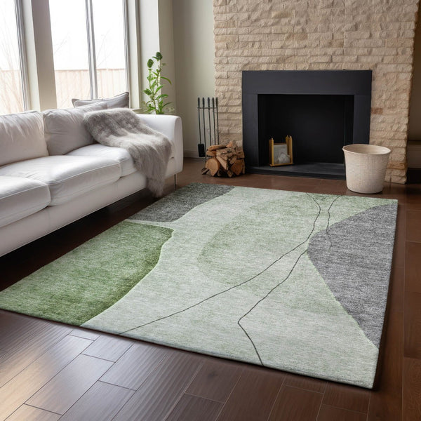HomeRoots 10' X 14' Stylish Abstract Area Rug in Green, Gray & Ivory - Washable, Stain Resistant & UV Protected! 656567