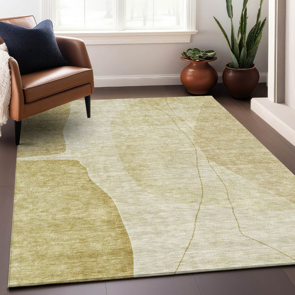 HomeRoots 5' X 8' Gold and Beige Abstract Area Rug - Washable, Stain Resistant, UV Protected for Busy Homes 656569