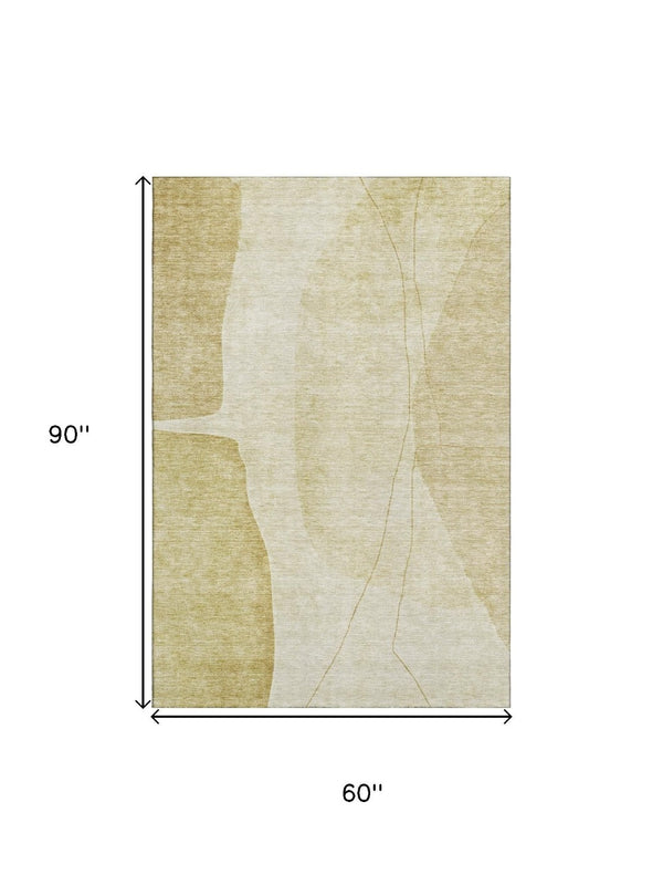 HomeRoots 5' X 8' Gold and Beige Abstract Area Rug - Washable, Stain Resistant, UV Protected for Busy Homes 656569