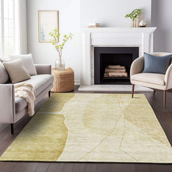 HomeRoots 9' X 12' Gold and Beige Abstract Washable Area Rug – Durable, Stylish, UV-Protected for High Traffic Areas 656572
