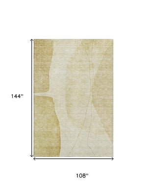 HomeRoots 9' X 12' Gold and Beige Abstract Washable Area Rug – Durable, Stylish, UV-Protected for High Traffic Areas 656572