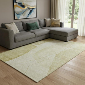 HomeRoots 9' X 12' Gold and Beige Abstract Washable Area Rug – Durable, Stylish, UV-Protected for High Traffic Areas 656572