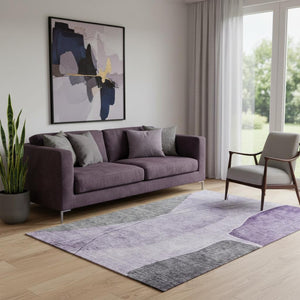 HomeRoots 5' X 8' Modern Purple Gray Ivory Abstract Area Rug - Washable, UV-Protected, Durable & Stylish! 656575