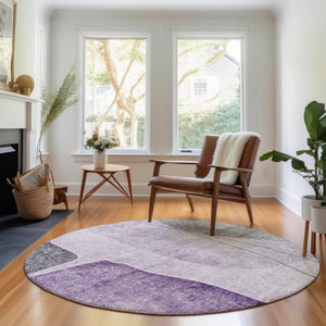 HomeRoots 8' Abstract Washable Round Rug in Purple, Gray & Ivory – Durable, UV-Protected with Easy Care Design! 656576
