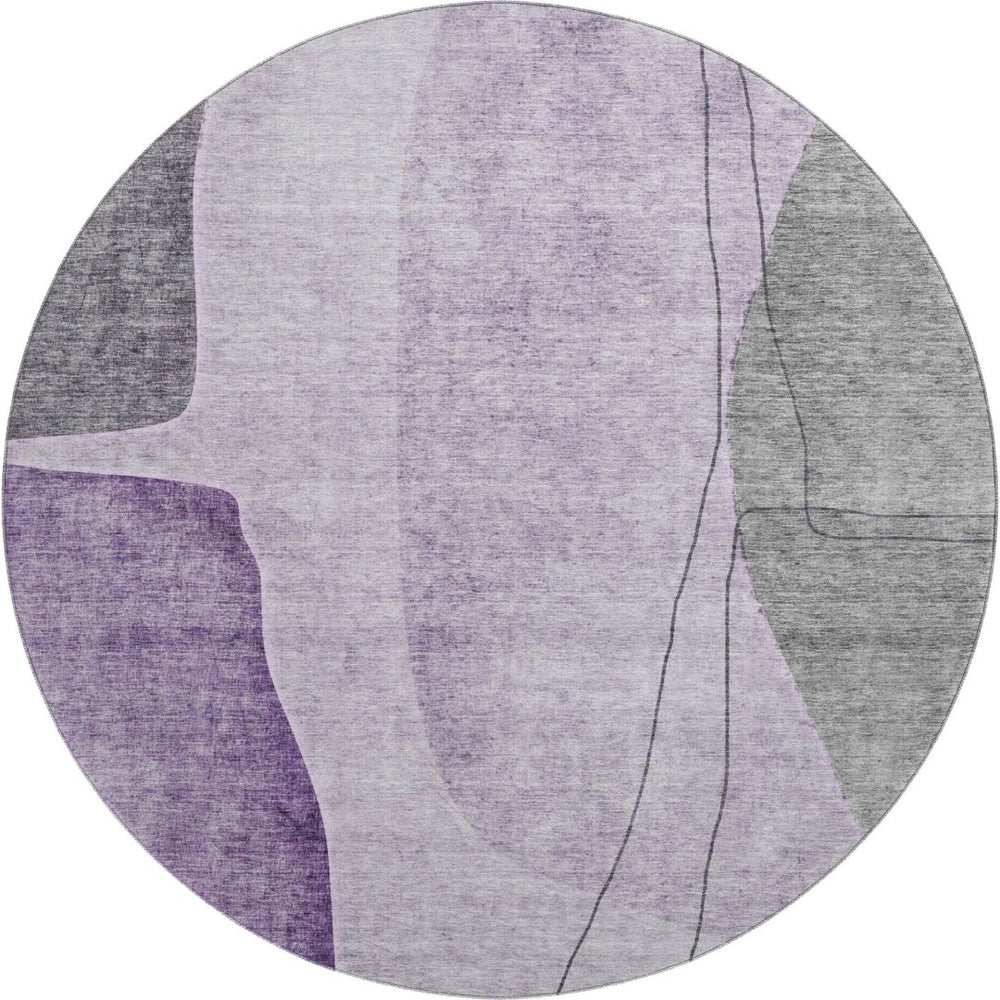 HomeRoots 8' Abstract Washable Round Rug in Purple, Gray & Ivory – Durable, UV-Protected with Easy Care Design! 656576