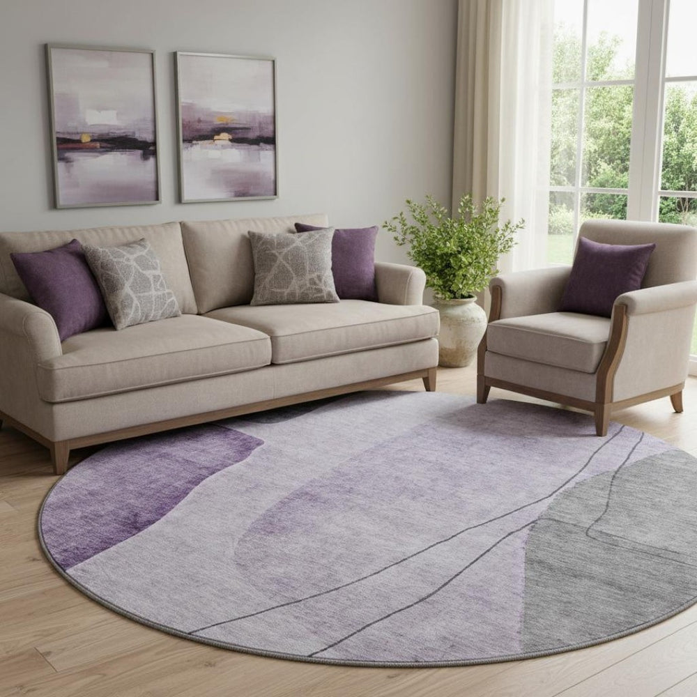 HomeRoots 8' Abstract Washable Round Rug in Purple, Gray & Ivory – Durable, UV-Protected with Easy Care Design! 656576