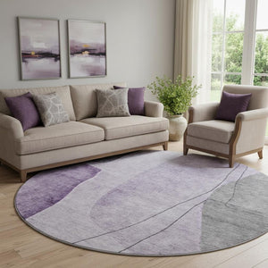HomeRoots 8' Abstract Washable Round Rug in Purple, Gray & Ivory – Durable, UV-Protected with Easy Care Design! 656576