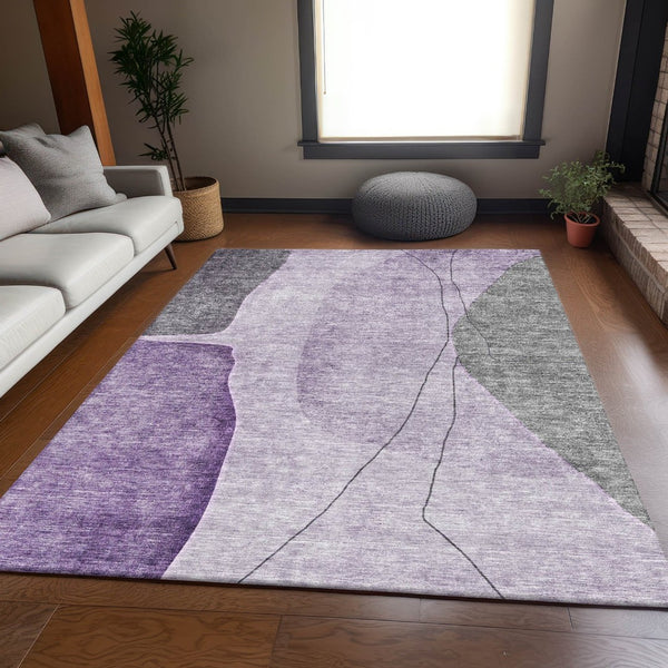 HomeRoots 8' X 10' Modern Abstract Washable Area Rug in Purple, Gray, Ivory - Stain & UV Resistant Design 656577
