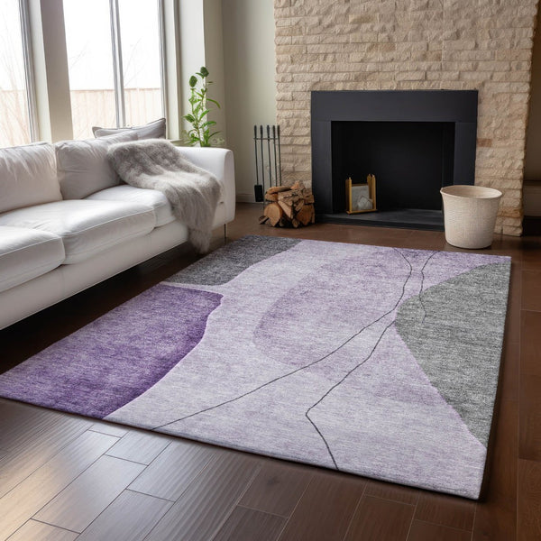 HomeRoots 8' X 10' Modern Abstract Washable Area Rug in Purple, Gray, Ivory - Stain & UV Resistant Design 656577