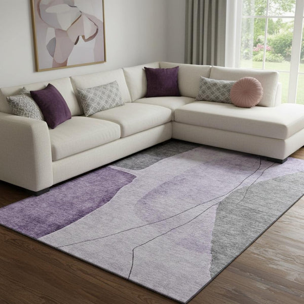 HomeRoots 8' X 10' Modern Abstract Washable Area Rug in Purple, Gray, Ivory - Stain & UV Resistant Design 656577