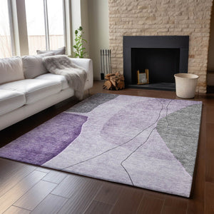 HomeRoots 9' X 12' Washable Area Rug in Purple Gray Ivory - Abstract Design with UV Protection for Durability 656578